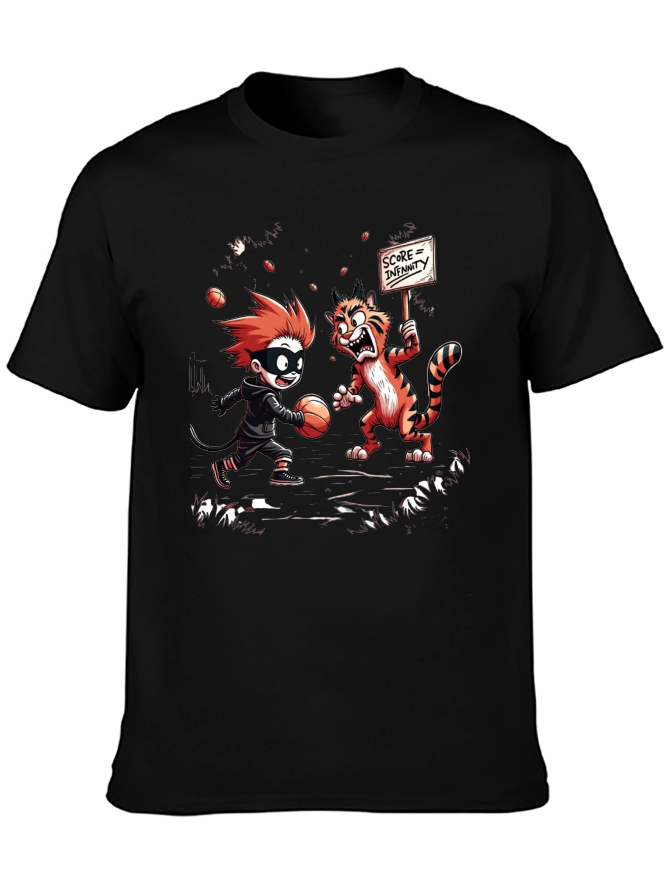 Black Cartoon Graphic T-Shirt: Boy vs. Tiger view 3