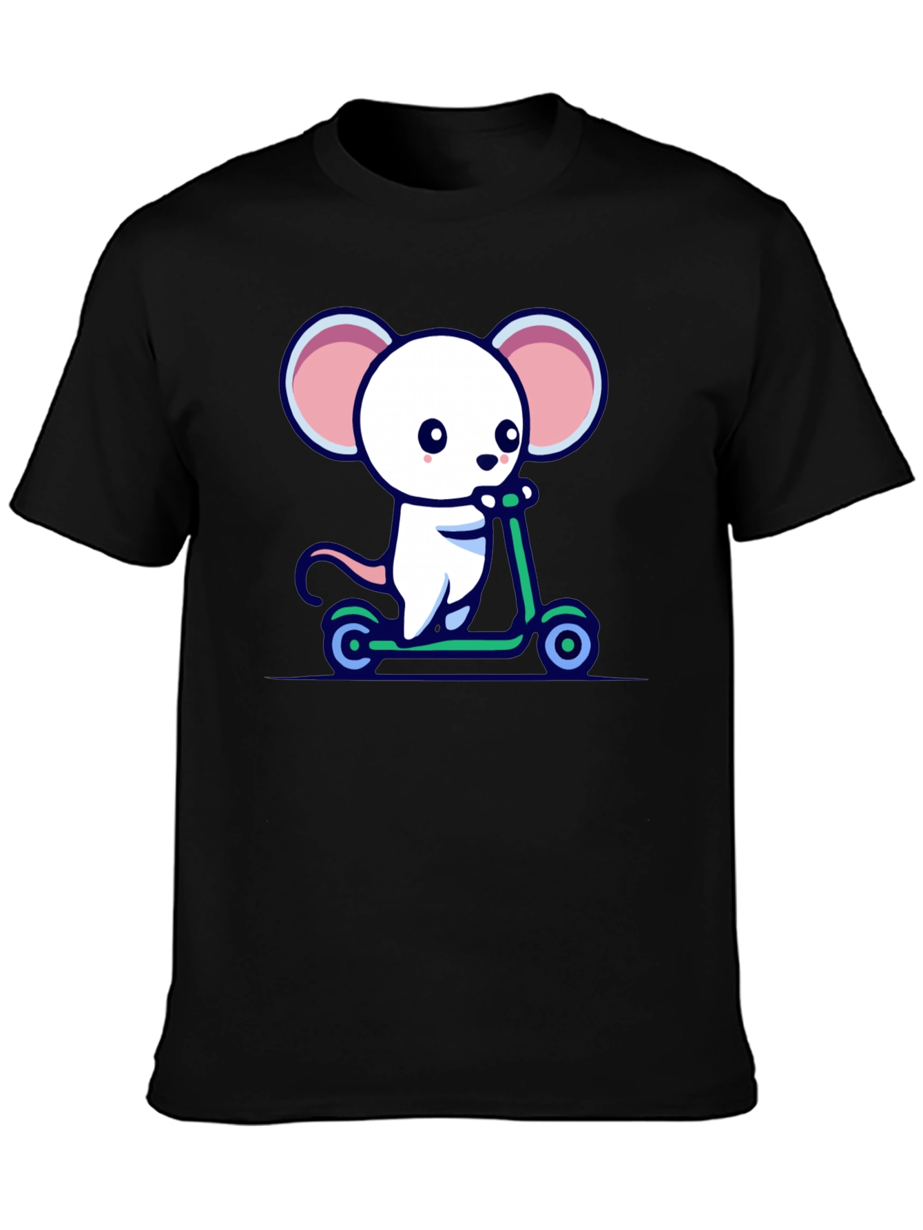Black Cute Mouse Scooter Ride Graphic Tee - Black Cotton Comfort view 3