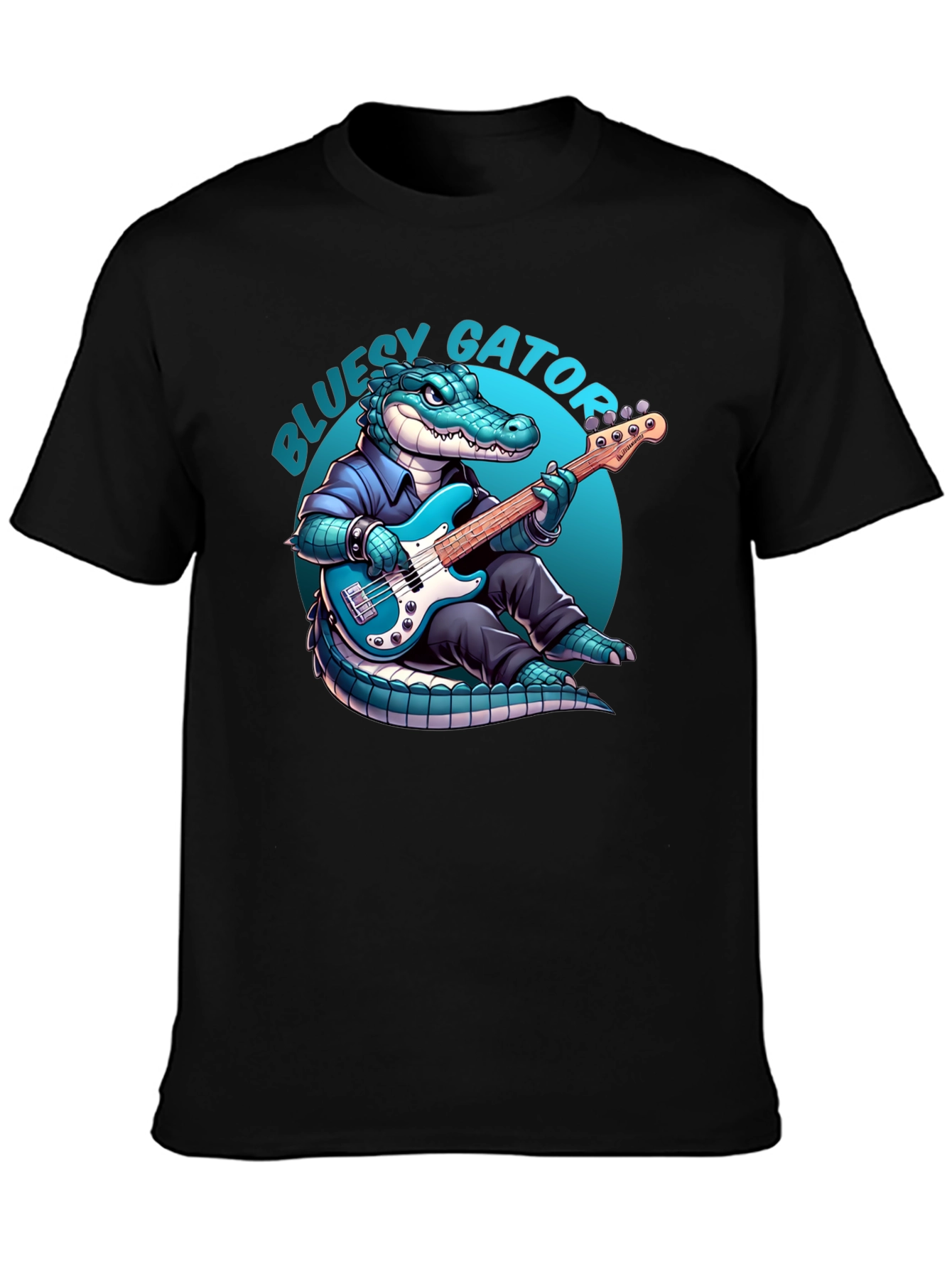 Black Bluesy Gator T-Shirt: Alligator Playing Bass Guitar view 3