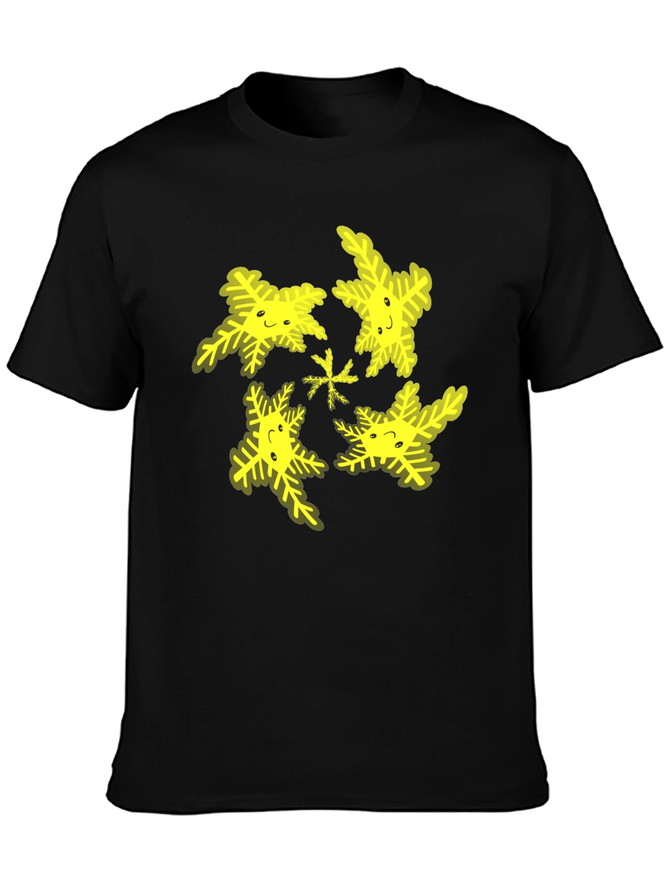 Black Cheerful Snowflake Pattern Black T-Shirt view 3