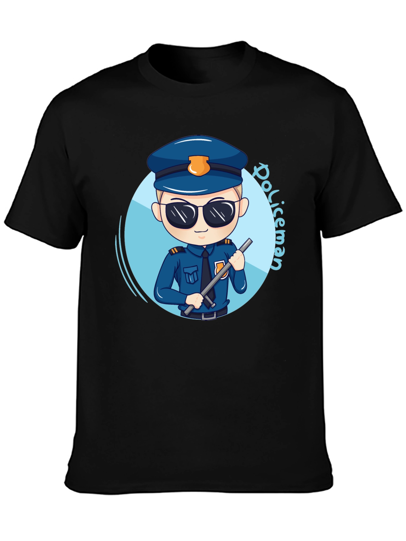 Black Cartoon Policeman Graphic Tee - Black Unisex T-Shirt view 3
