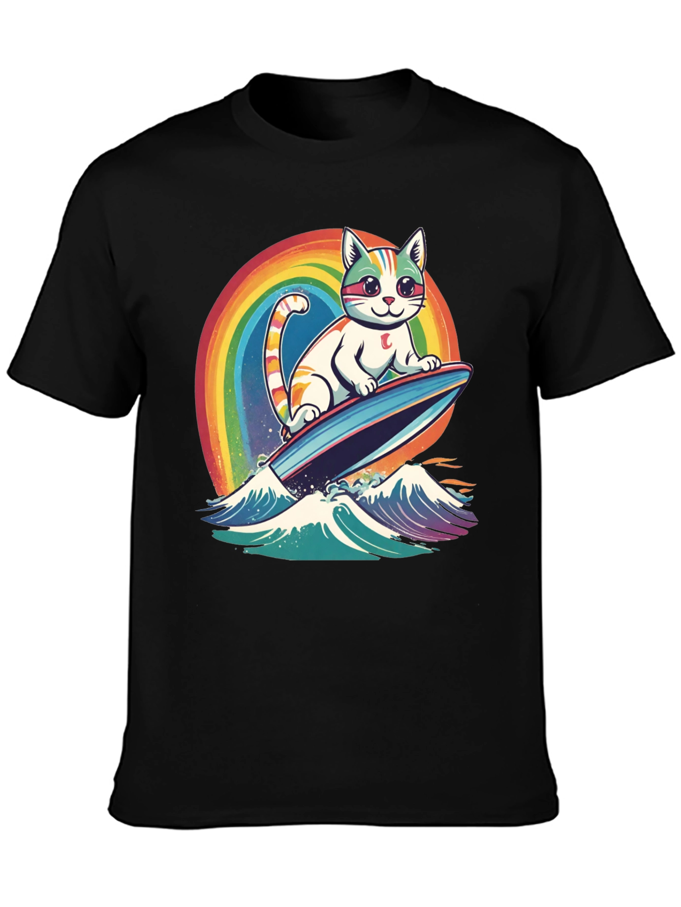 Black Surfing Cat Rainbow T-Shirt view 3