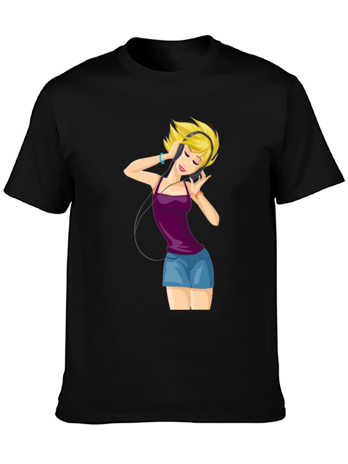 Black Music Lover T-Shirt: Cartoon Girl with Headphones view 3