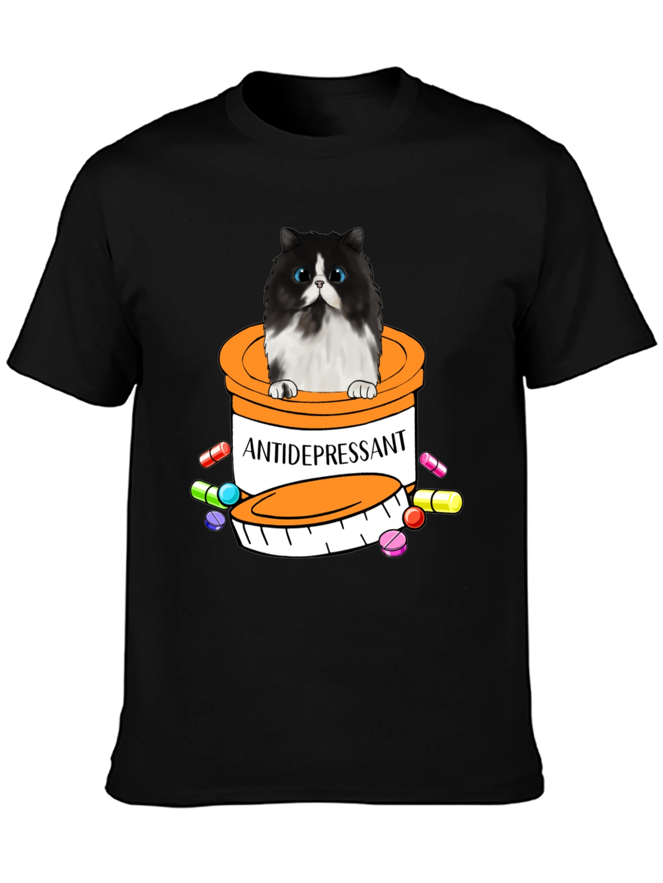 Black Antidepressant Cat T-Shirt - Funny Novelty Tee view 3