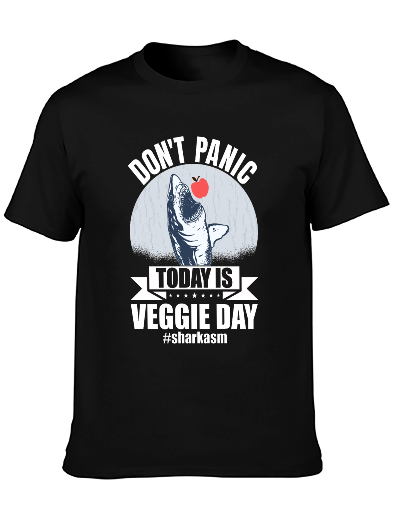 Black Don't Panic Veggie Day Shark T-Shirt view 3