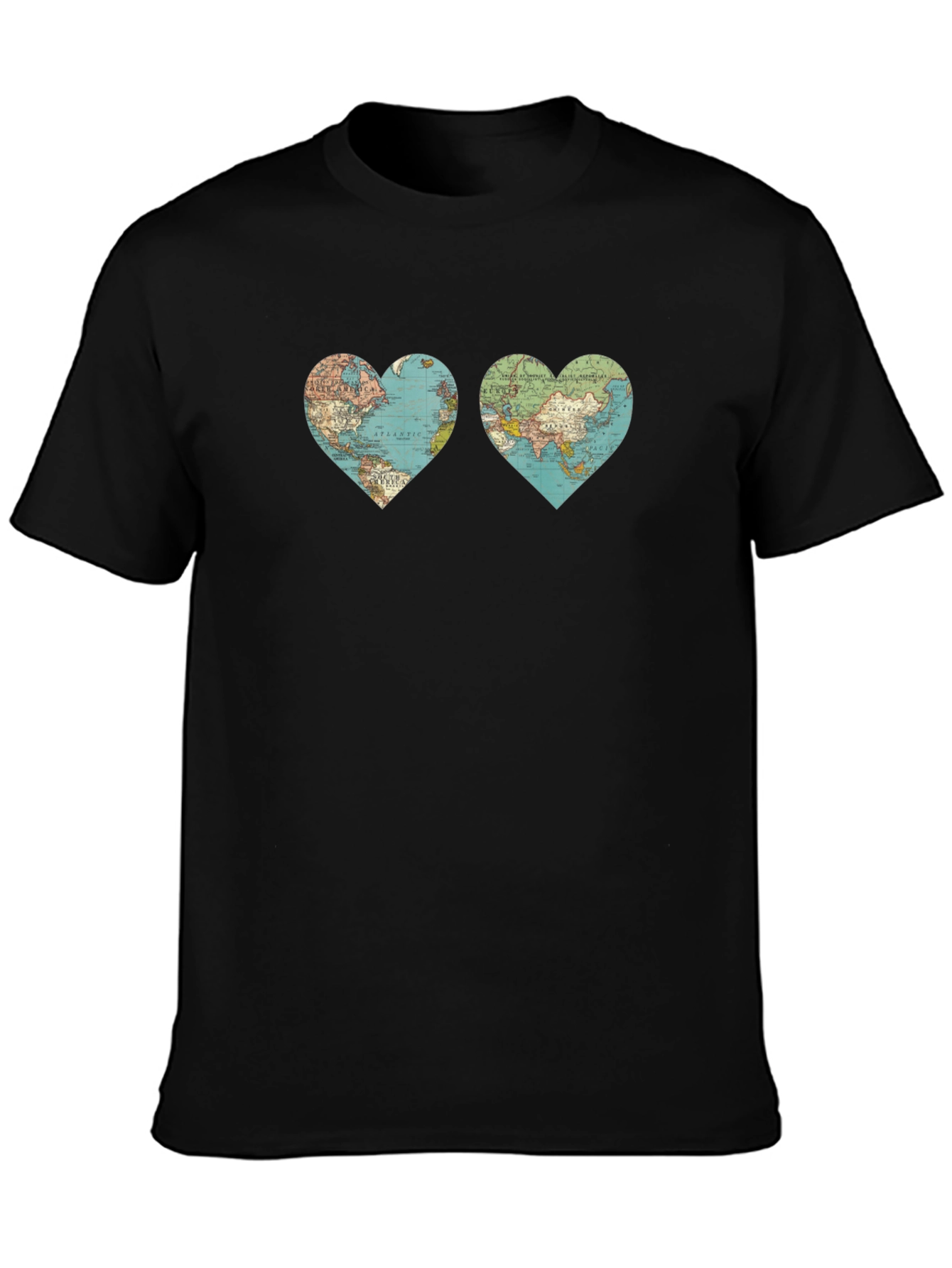 Black World Map Heart Graphic T-Shirt view 3