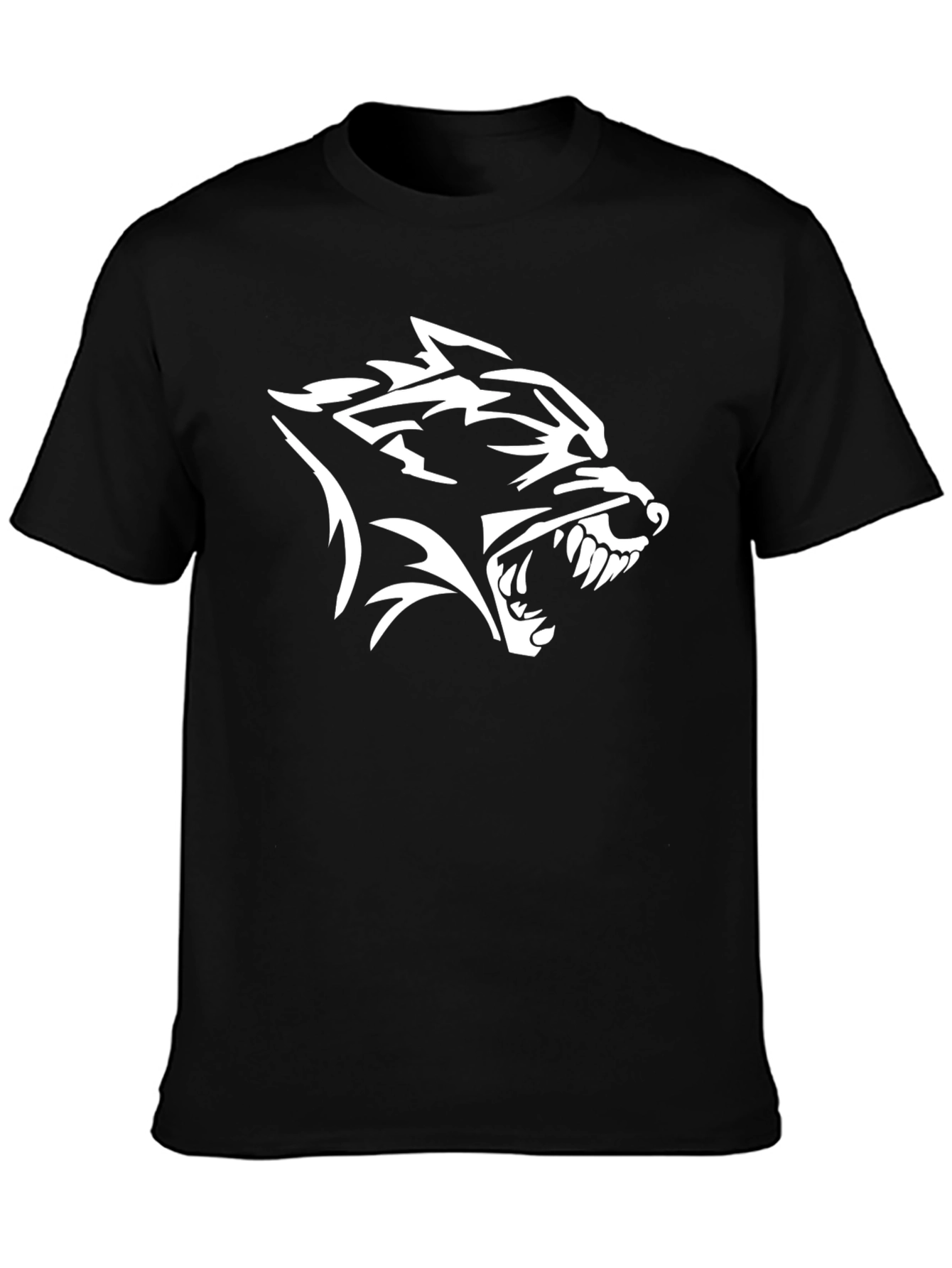 Black Black T-Shirt with White Wolf Head Graphic Print view 3
