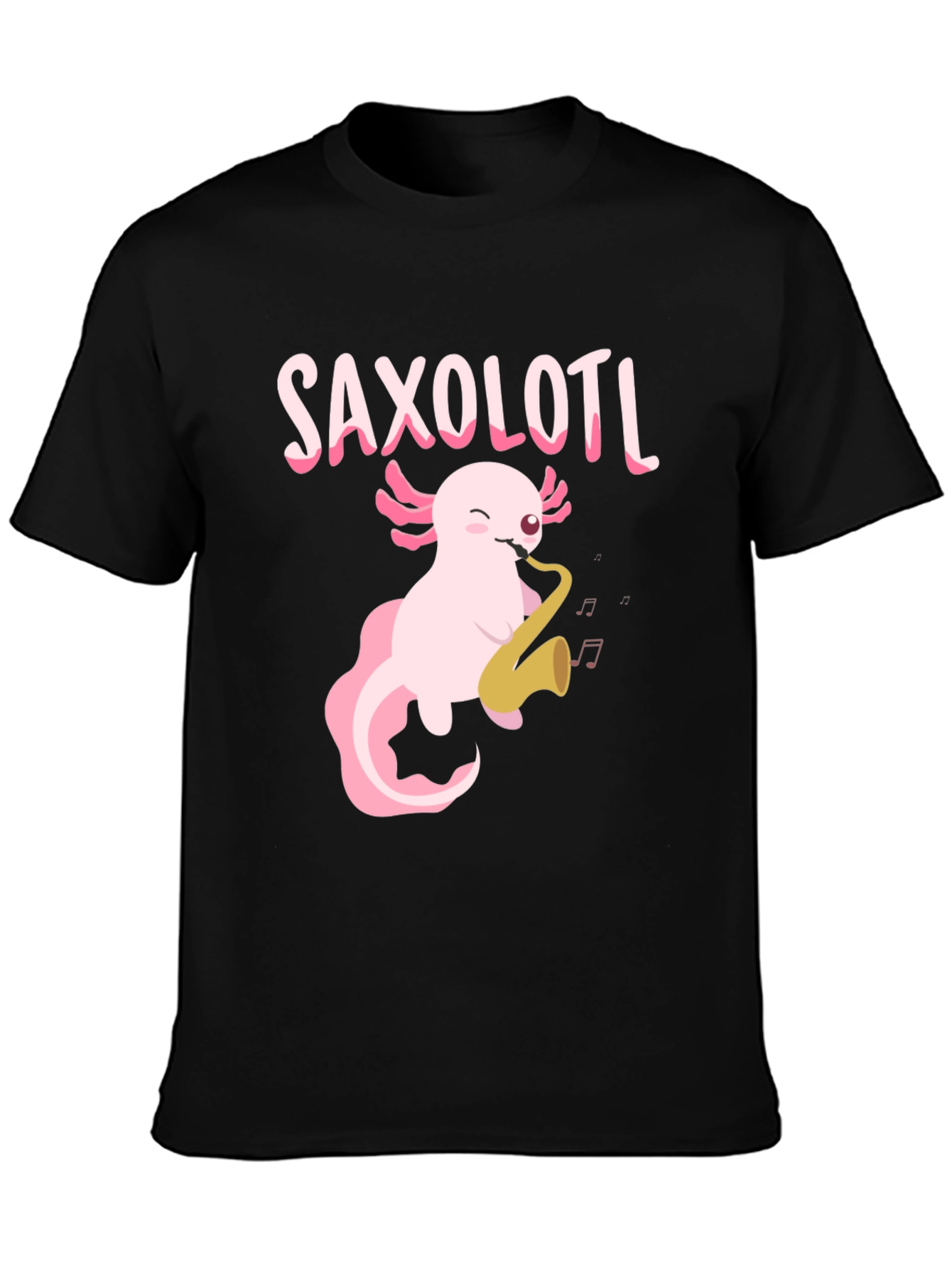 Black Saxolotl T-Shirt - Axolotl Playing Saxophone Tee view 3