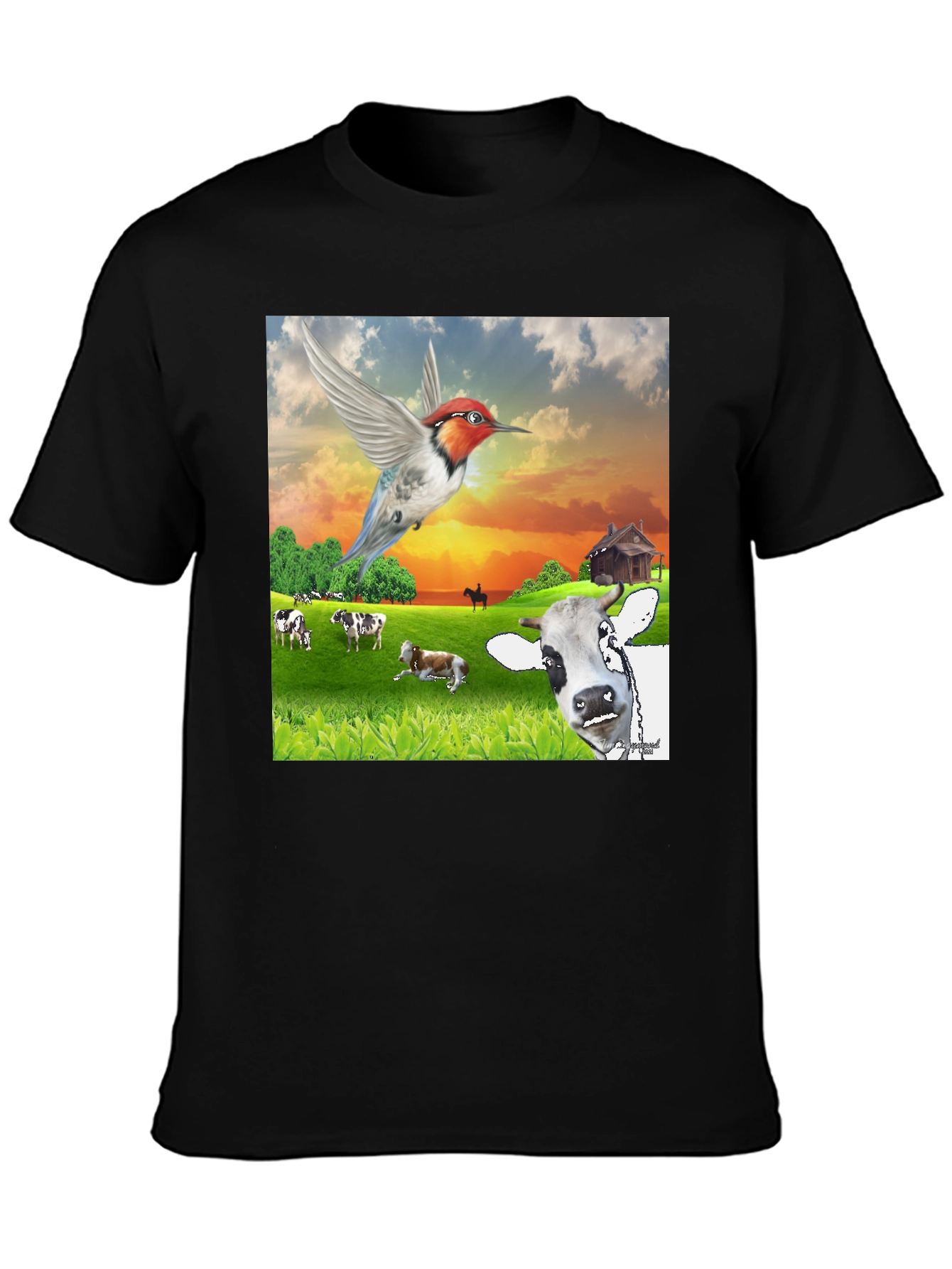 Black Hummingbird & Cow Farm T-Shirt - Unique Animal Design view 3