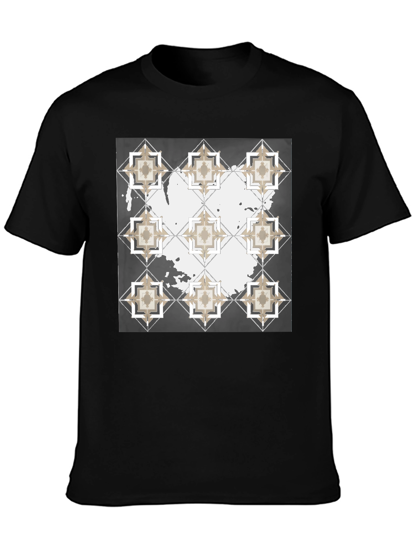 Black Geometric Tile Print Crew Neck T-Shirt view 3