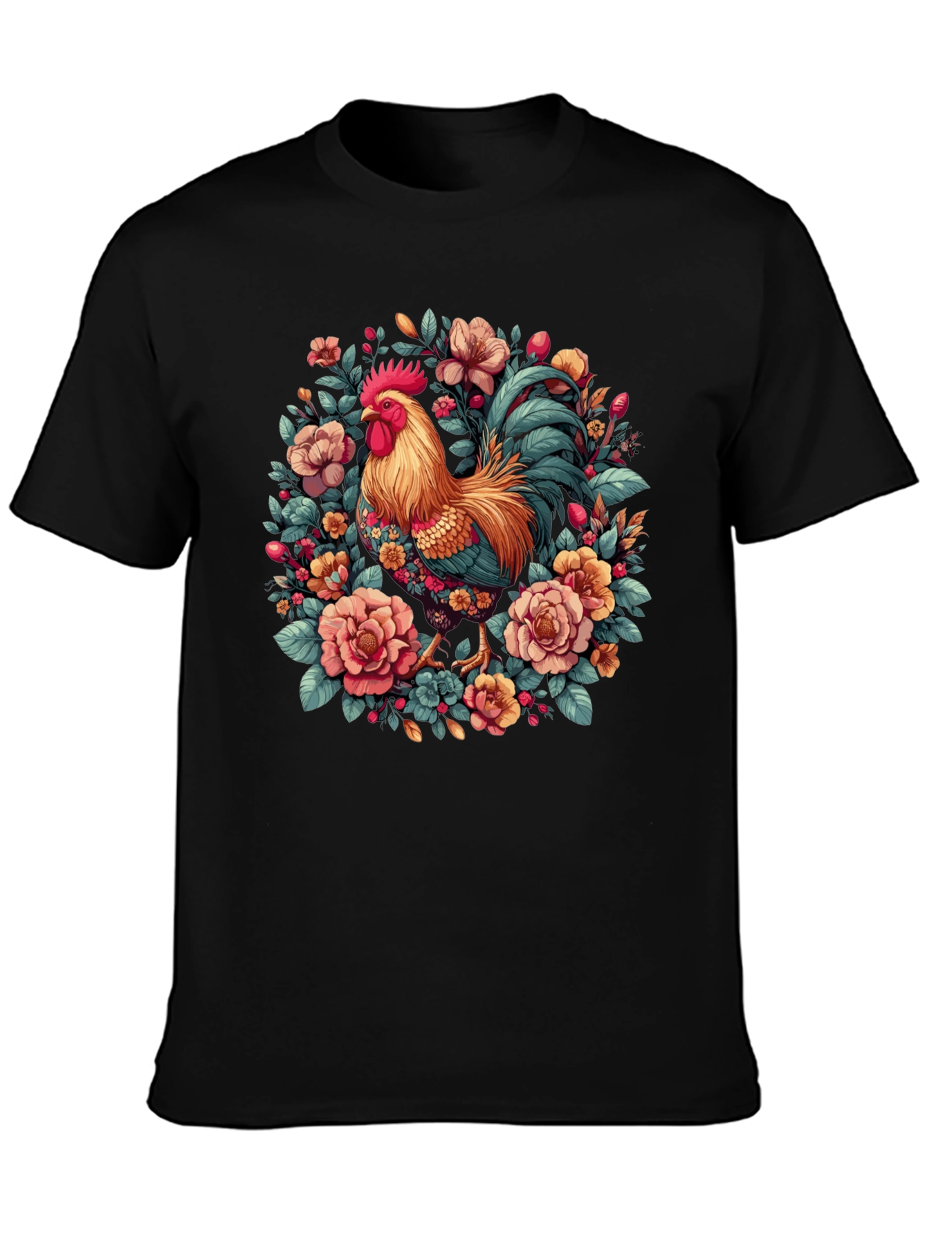 Black Floral Rooster Graphic T-Shirt view 3