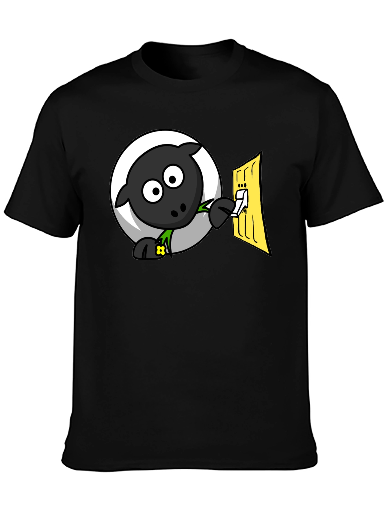 Black Funny Cartoon Sheep Turning on Light T-Shirt view 3