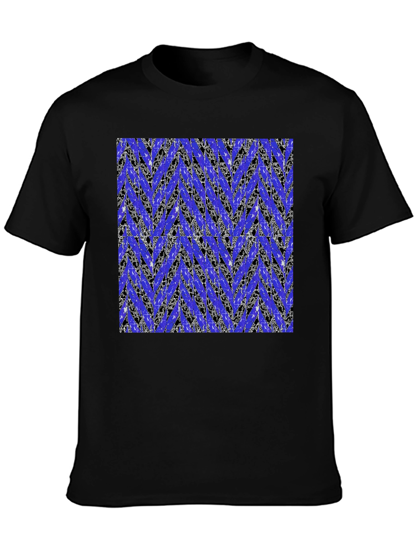 Black Abstract Blue Chevron Print Men's Black T-Shirt view 3