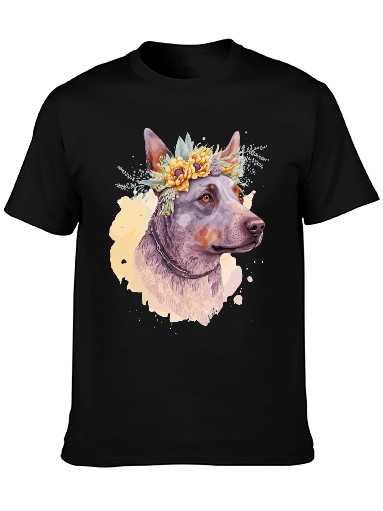 Black Dog with Flower Crown Graphic Tee - Artistic Pet Lover Shirt view 3