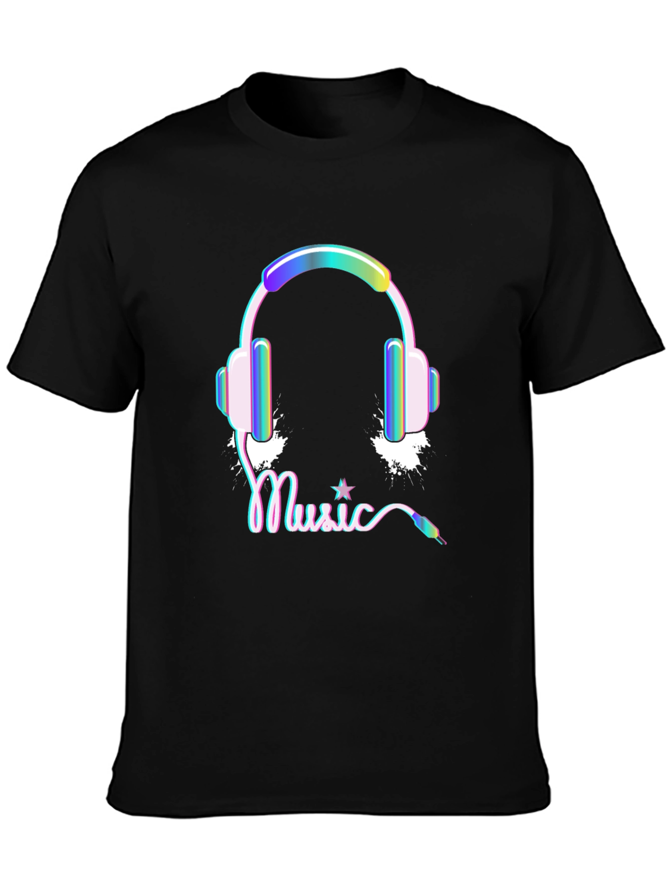 Black Music Headphones Graphic Print Black Tee Shirt view 3