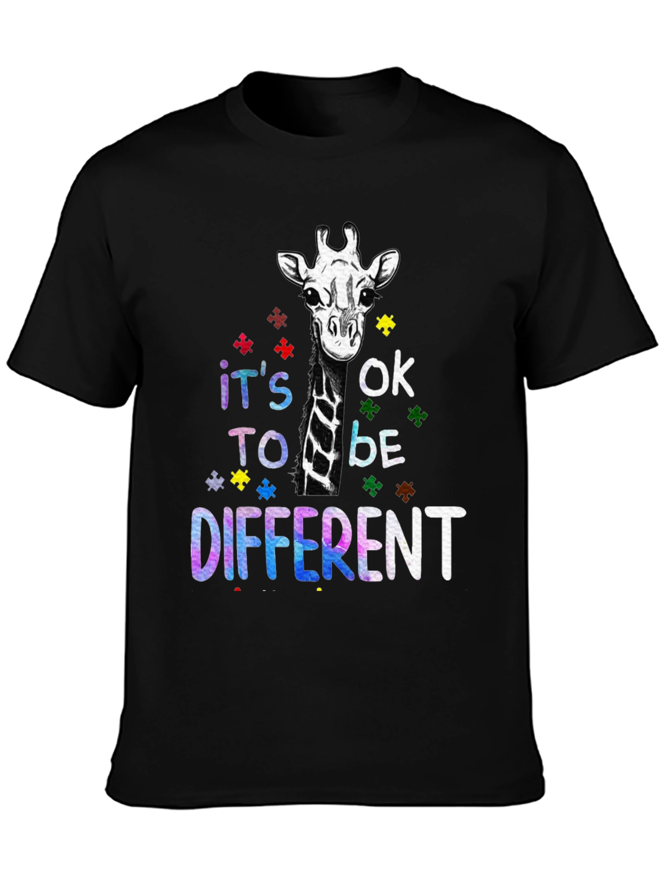 Black Autism Awareness Giraffe T-Shirt - It's OK to be Different view 3