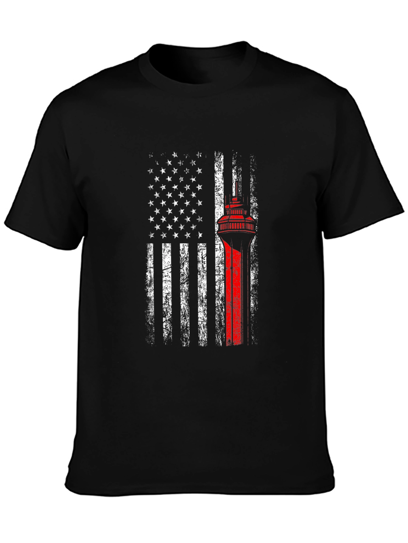 Black American Flag Space Needle Patriotic T-Shirt view 3
