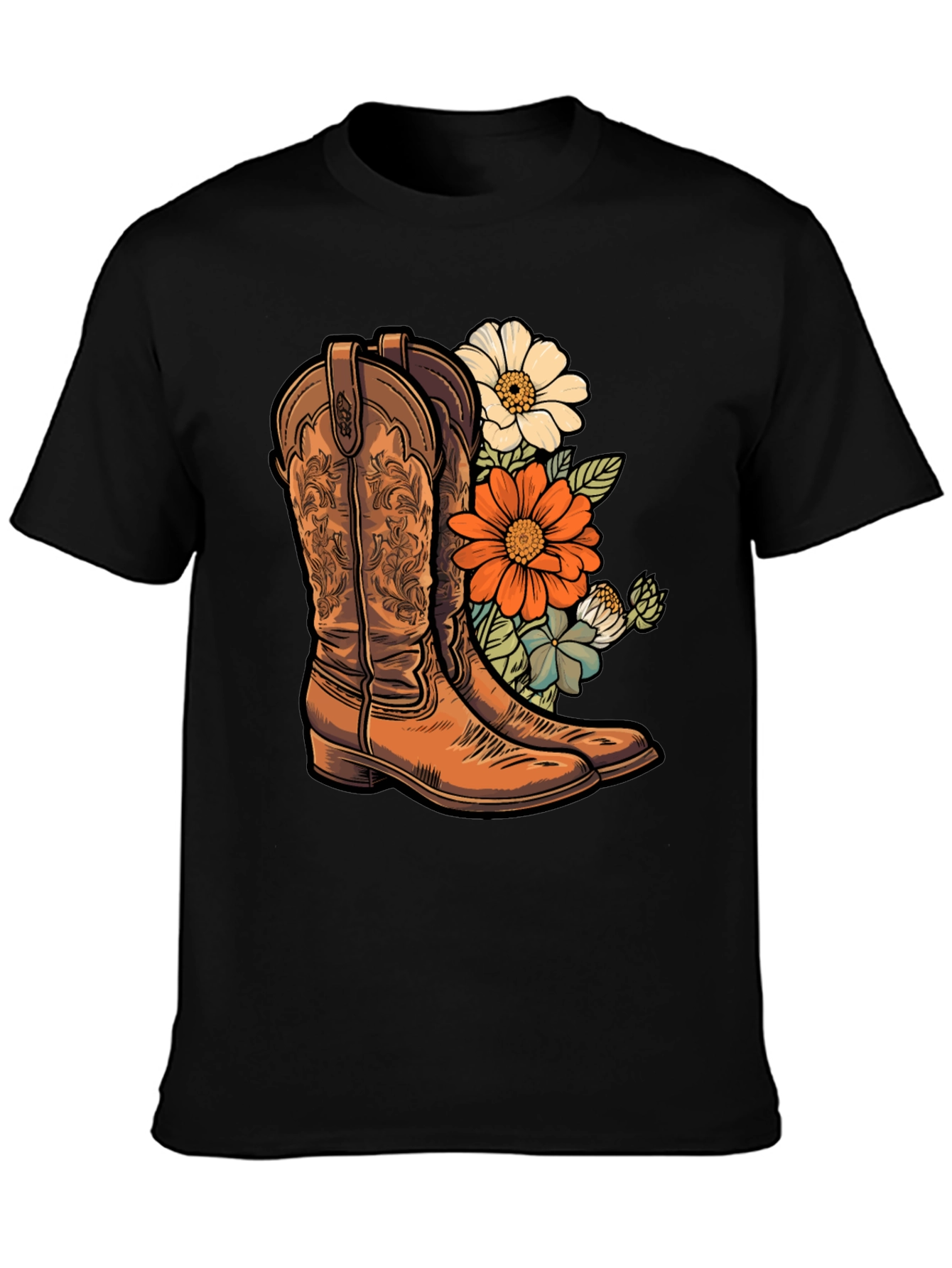 Black Cowboy Boots & Floral T-Shirt - Western Style Tee view 3