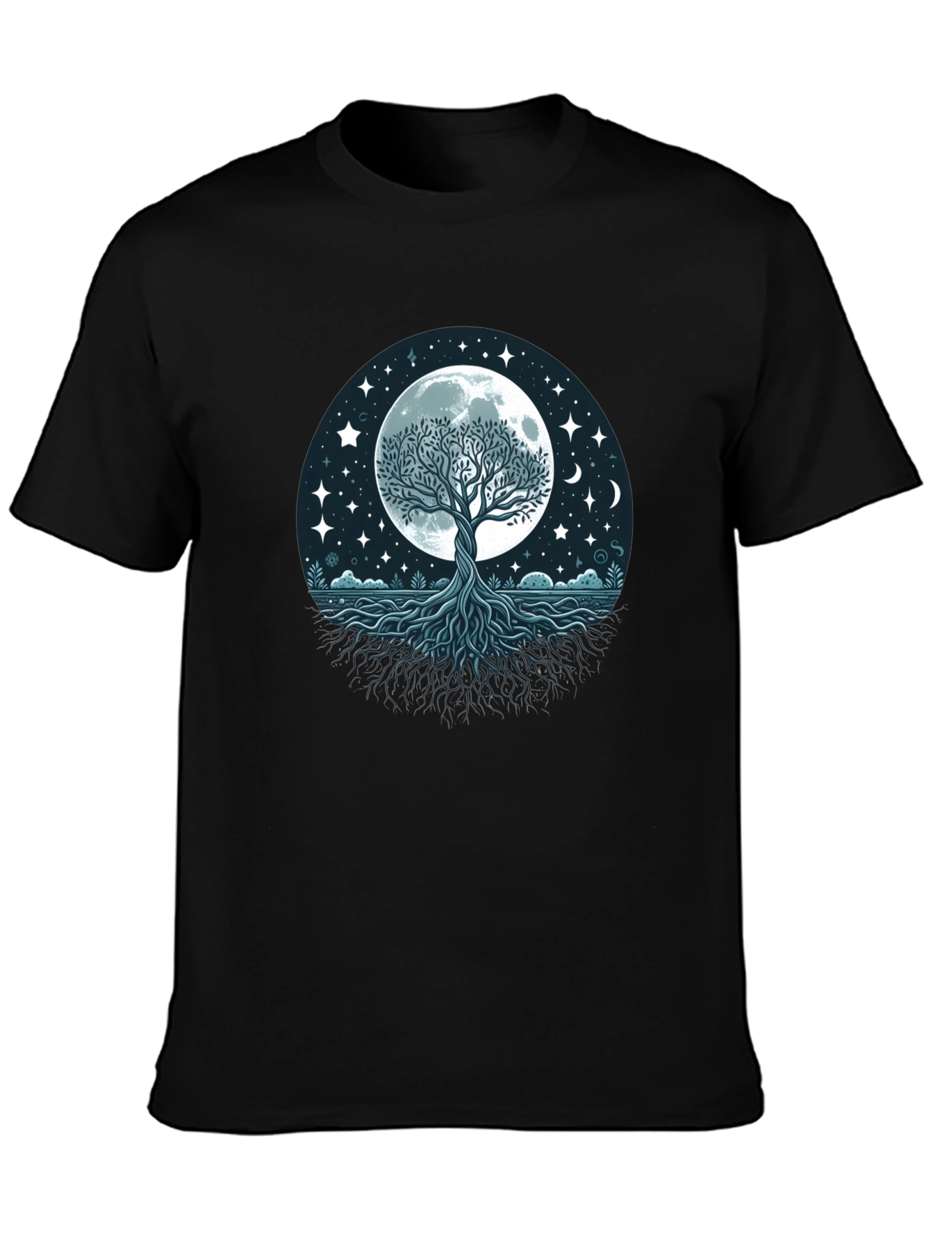 Black Mystic Tree of Life Moon Graphic Tee - Black Cotton Shirt view 3