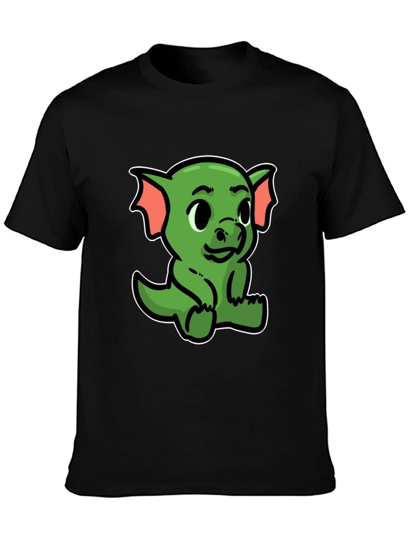 Black Cute Green Dragon Cartoon Black T-Shirt view 3