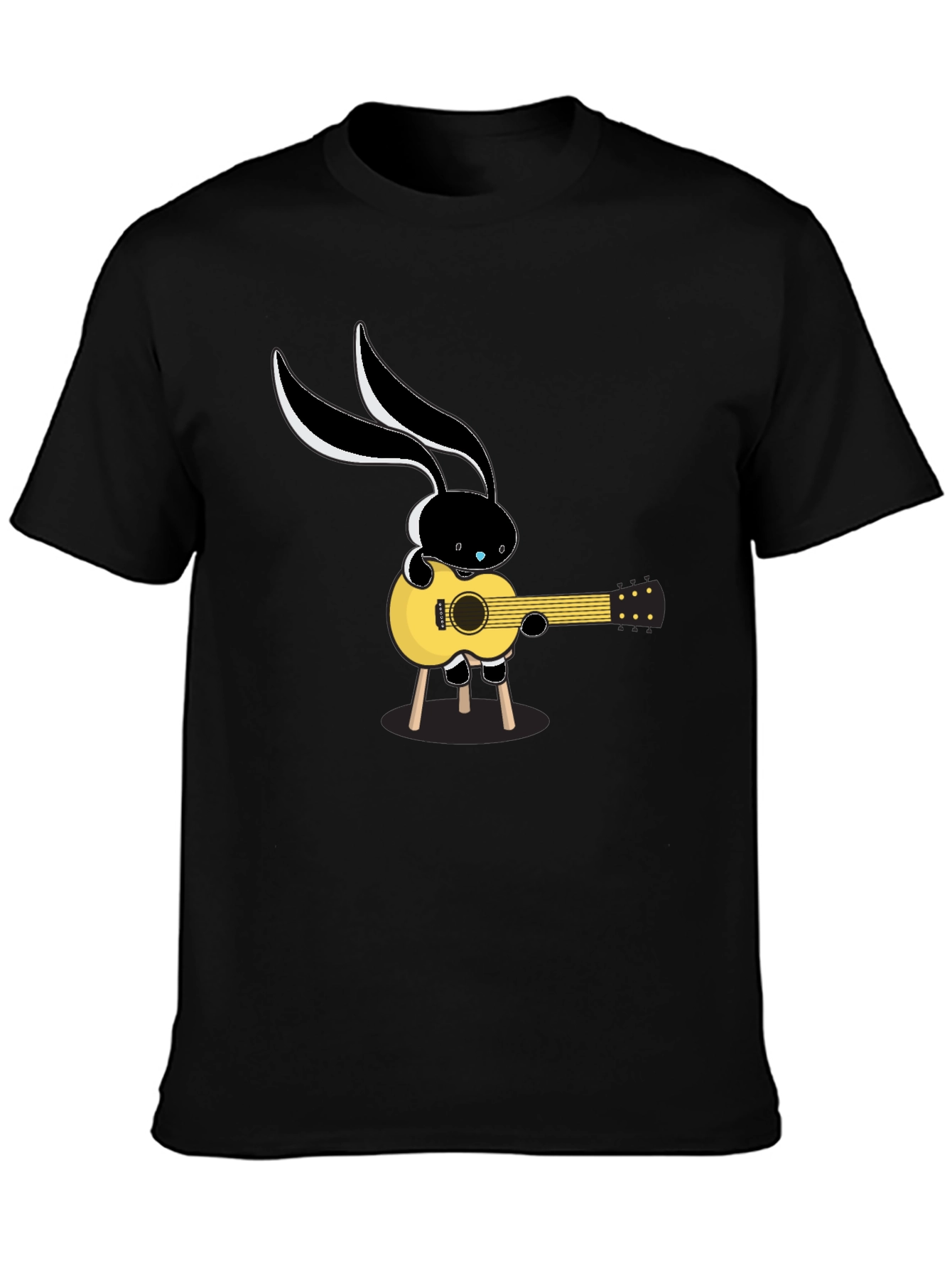 Black Cool Cartoon Bunny Guitarist Black T-Shirt view 3