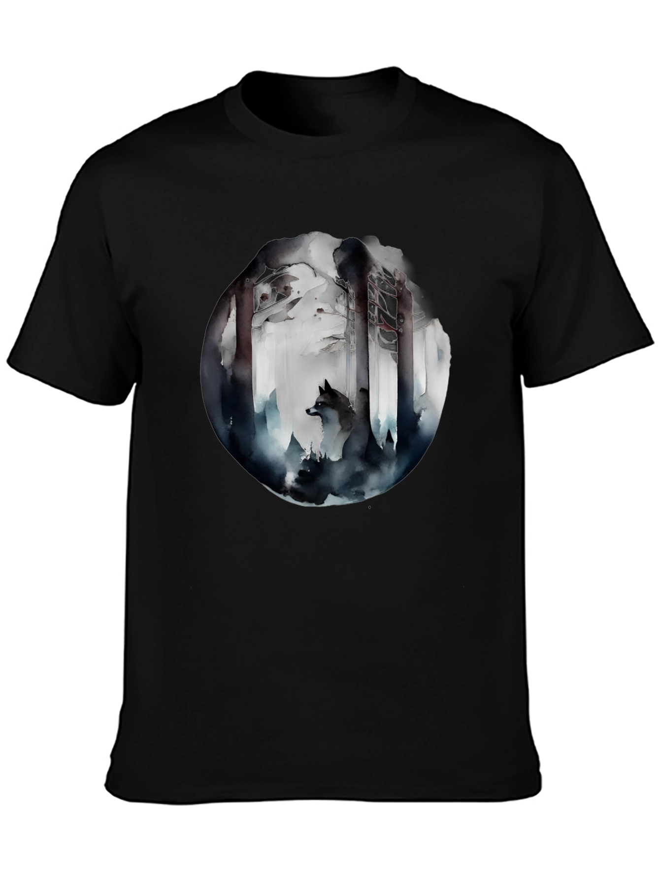 Black Mystic Forest Wolf Graphic Tee - Black Cotton Blend view 3