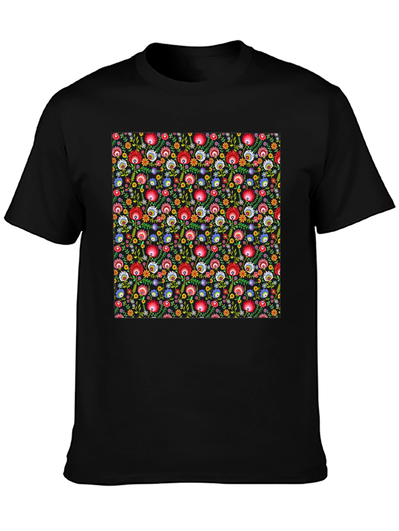 Black Floral Pattern T-Shirt - Vibrant Design view 3