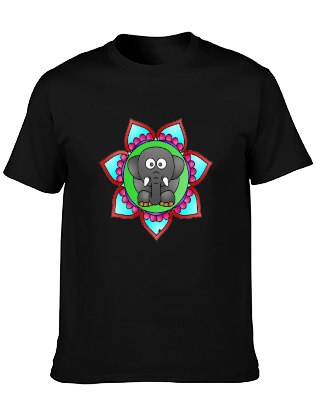 Black Cartoon Elephant Mandala Graphic Black T-Shirt view 3