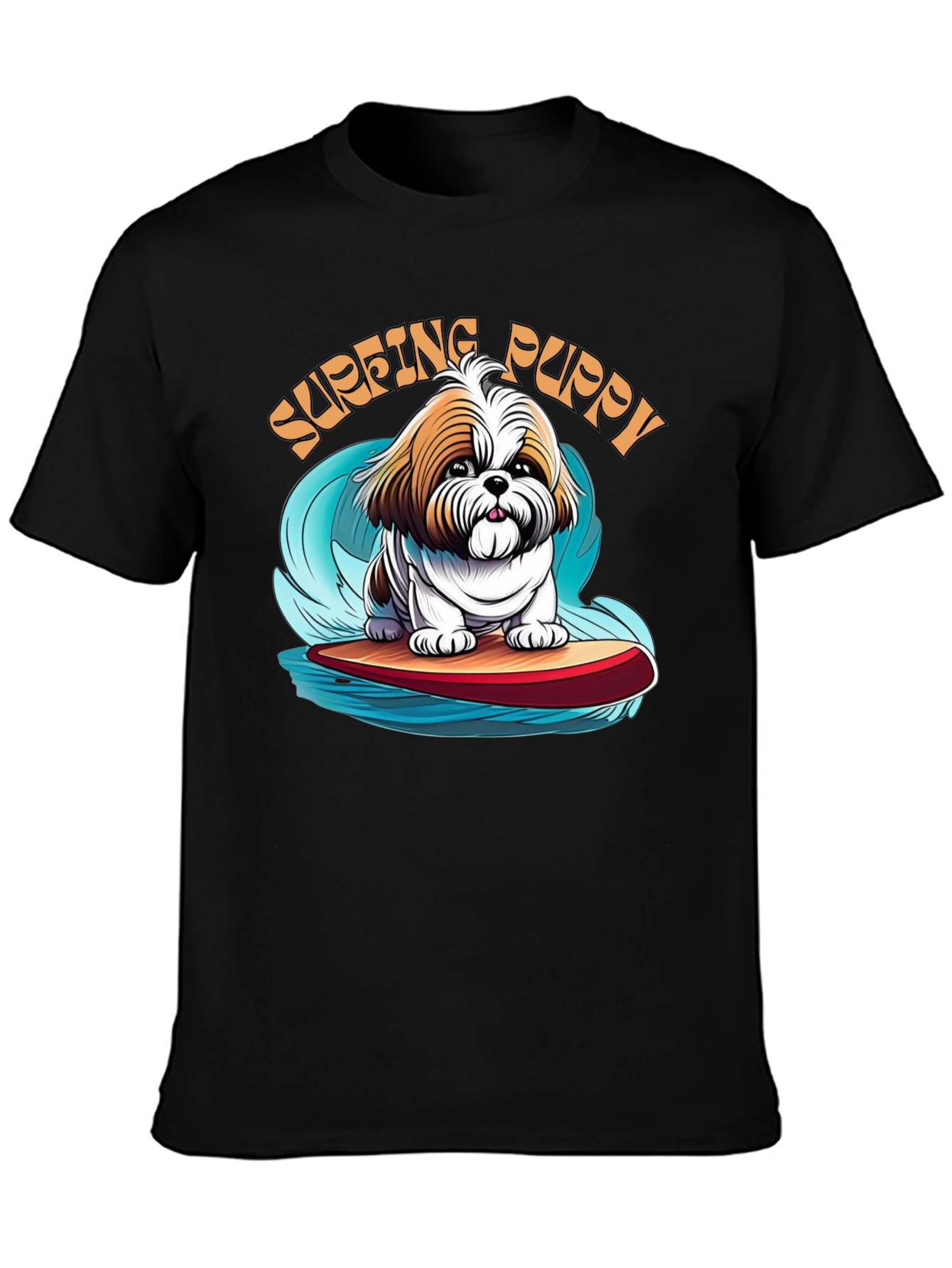 Black Surfing Puppy T-Shirt - Cute Dog Design view 3