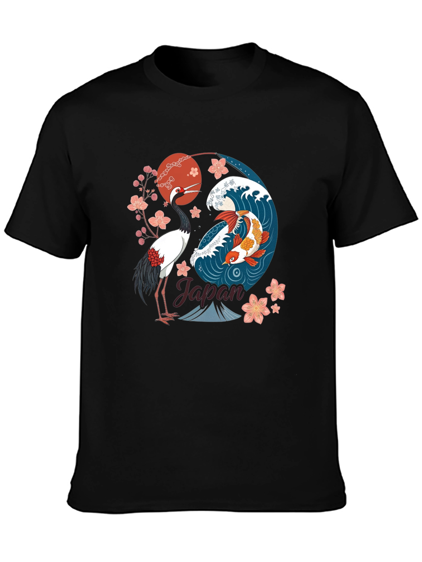 Black Japanese Koi and Crane Graphic T-Shirt view 3