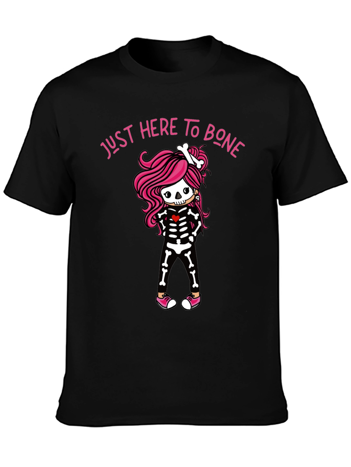 Black Just Here to Bone Skeleton Girl T-Shirt view 3