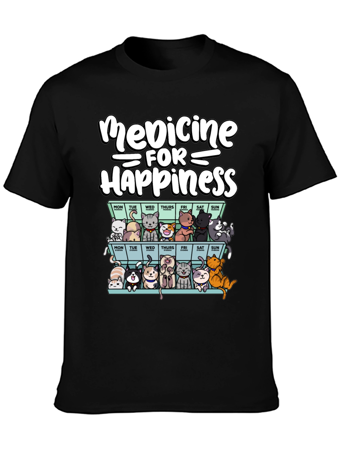 Black Medicine for Happiness Cat T-Shirt view 3