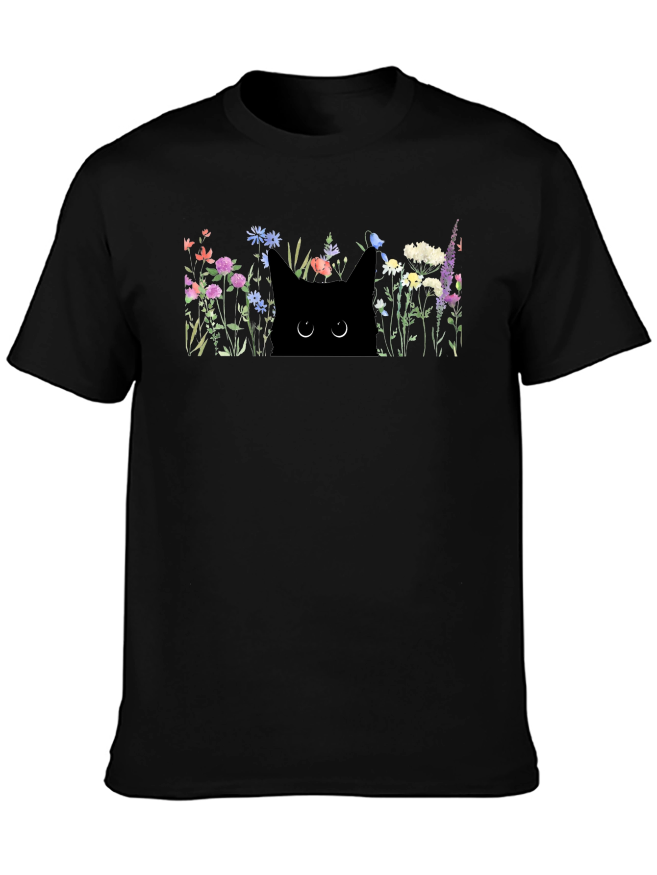 Black Black Cat in Flowers Graphic T-Shirt view 3