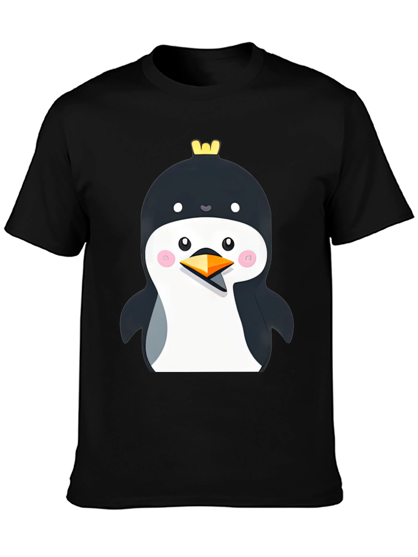 Black Penguin with Crown Black T-Shirt - Cute Cartoon Style view 3