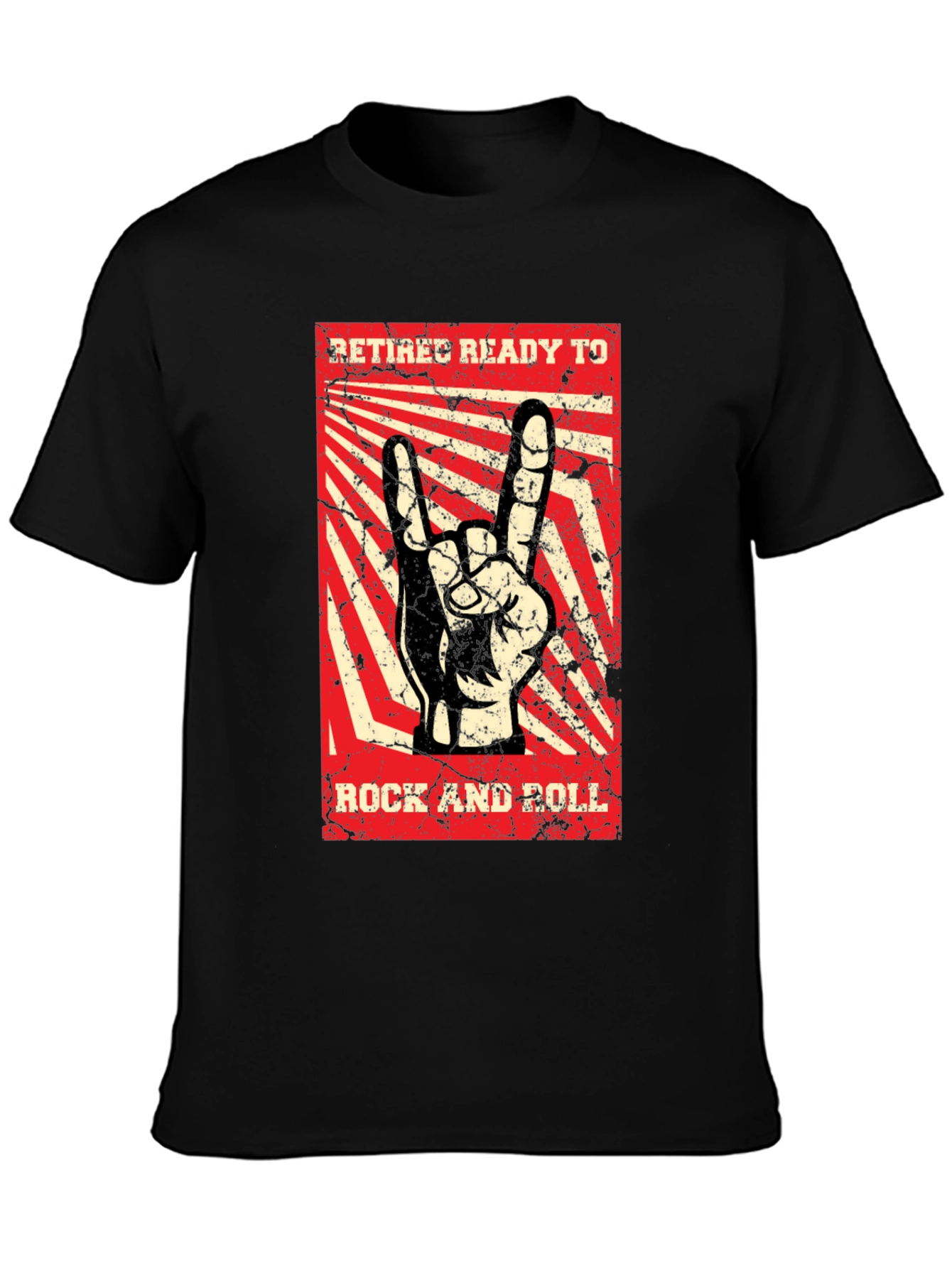 Black Retiree Ready to Rock T-Shirt - Rock and Roll Hand Sign view 3