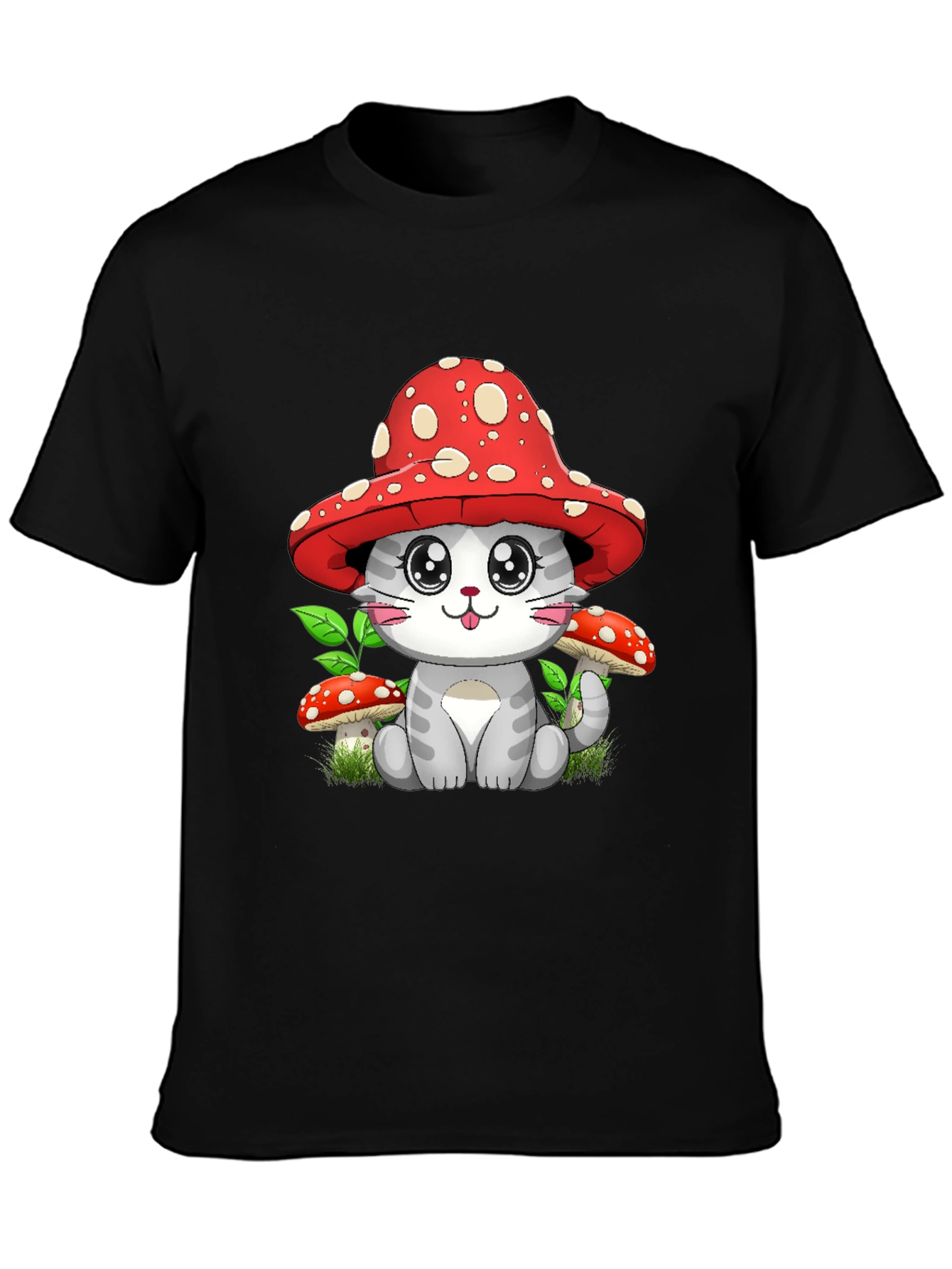 Black Mushroom Cat Graphic Tee - Whimsical Design view 3