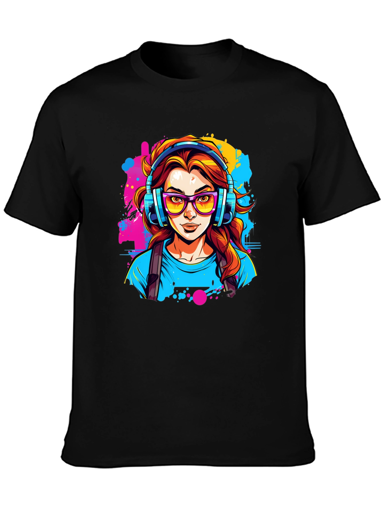 Black Graphic Print T-Shirt - Woman with Headphones view 3