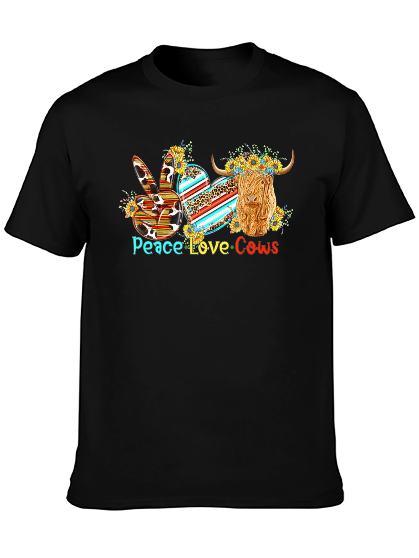 Black Peace Love Cows T-Shirt - Highland Cow Graphic Tee view 3