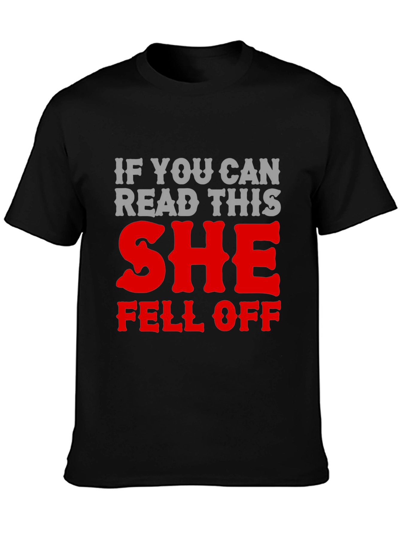 Black Humorous 'She Fell Off' Graphic T-Shirt view 3