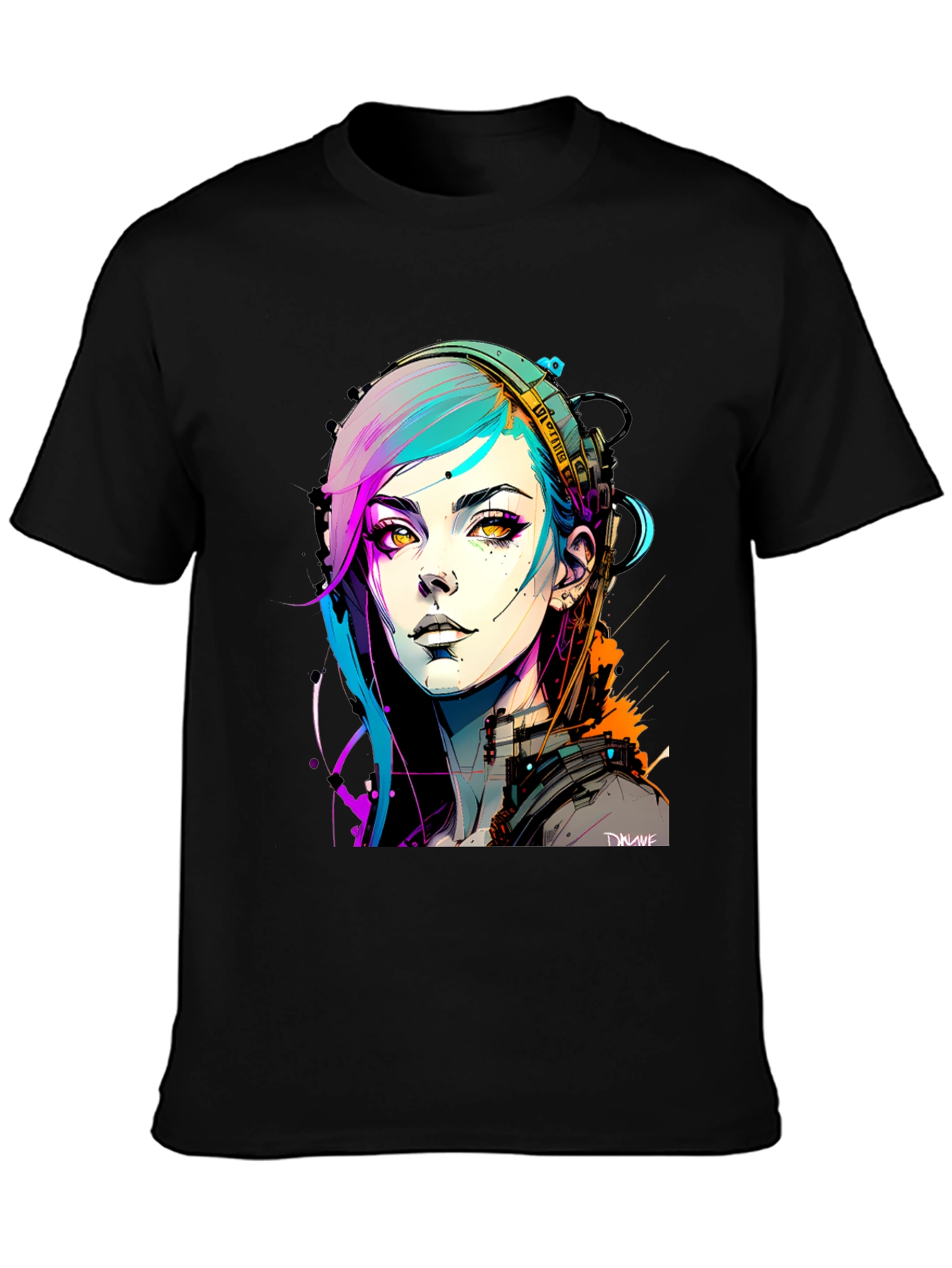 Black Cyberpunk Girl Graphic Tee - Black Cotton T-Shirt view 3