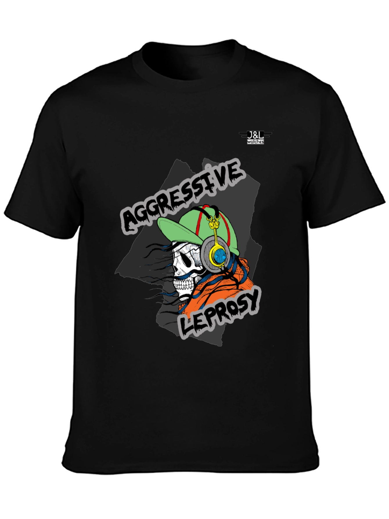 Black Aggressive Leprosy Graphic Tee - Skull with Headphones view 3