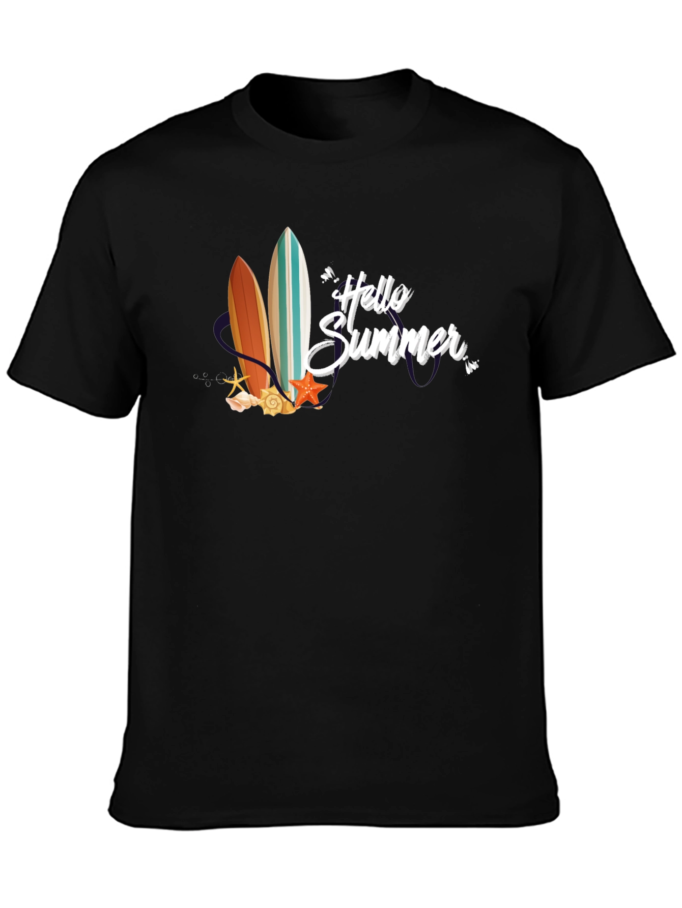 Black Hello Summer Surfboard Graphic T-Shirt view 3