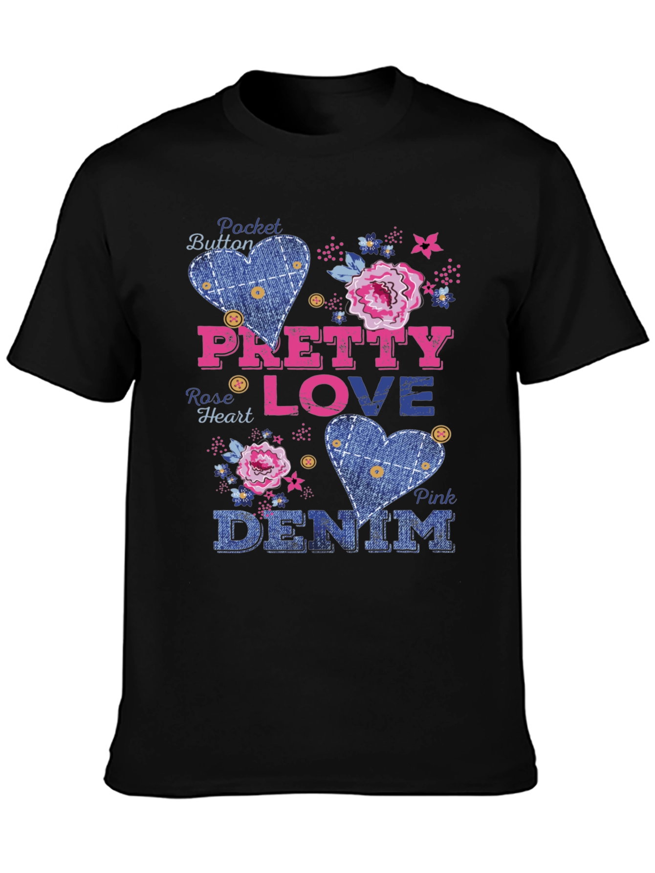 Black Pretty Love Denim Graphic Tee - Pocket Button Design view 3
