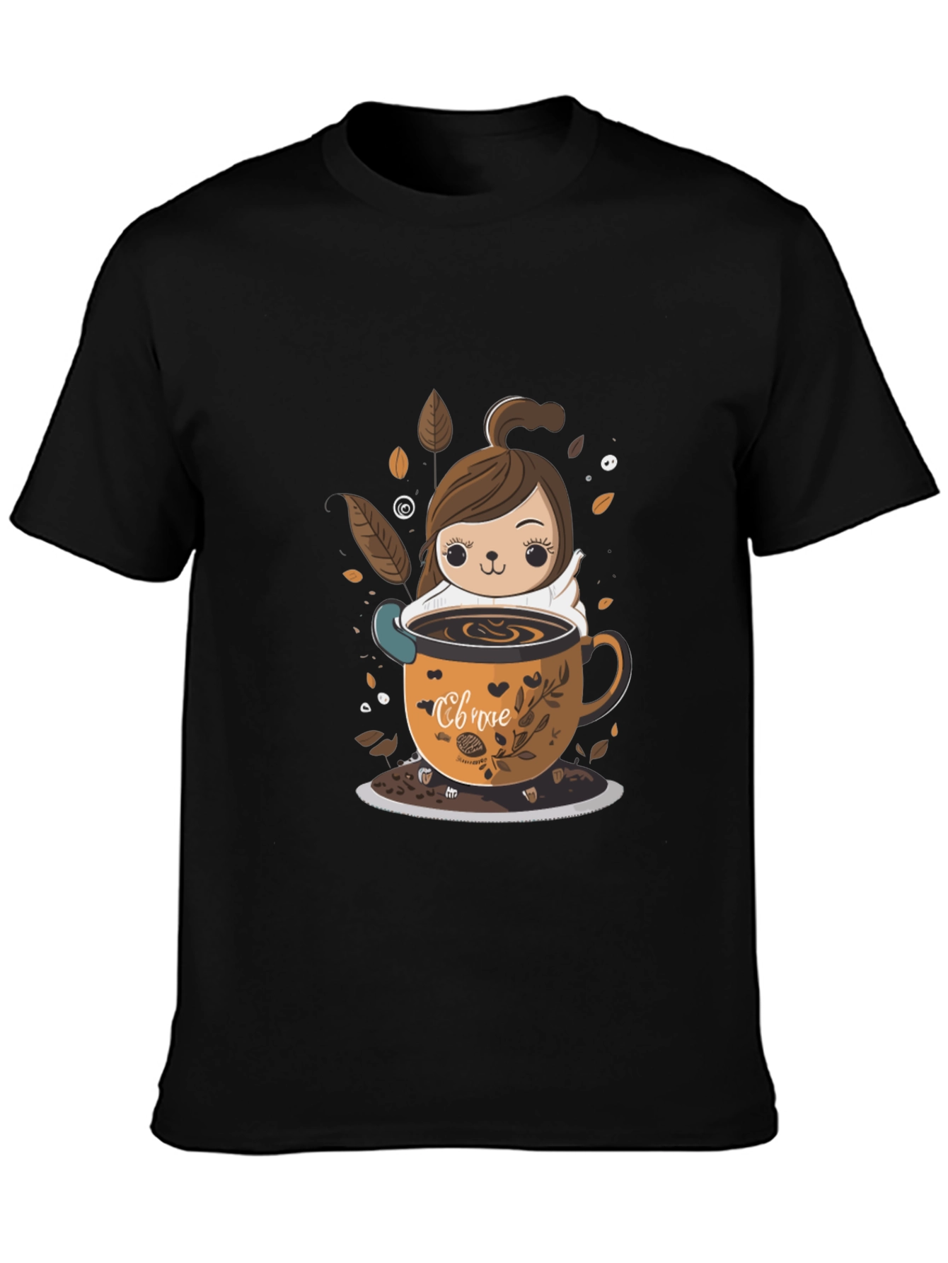 Black Cute Cartoon Coffee Lover T-Shirt view 3