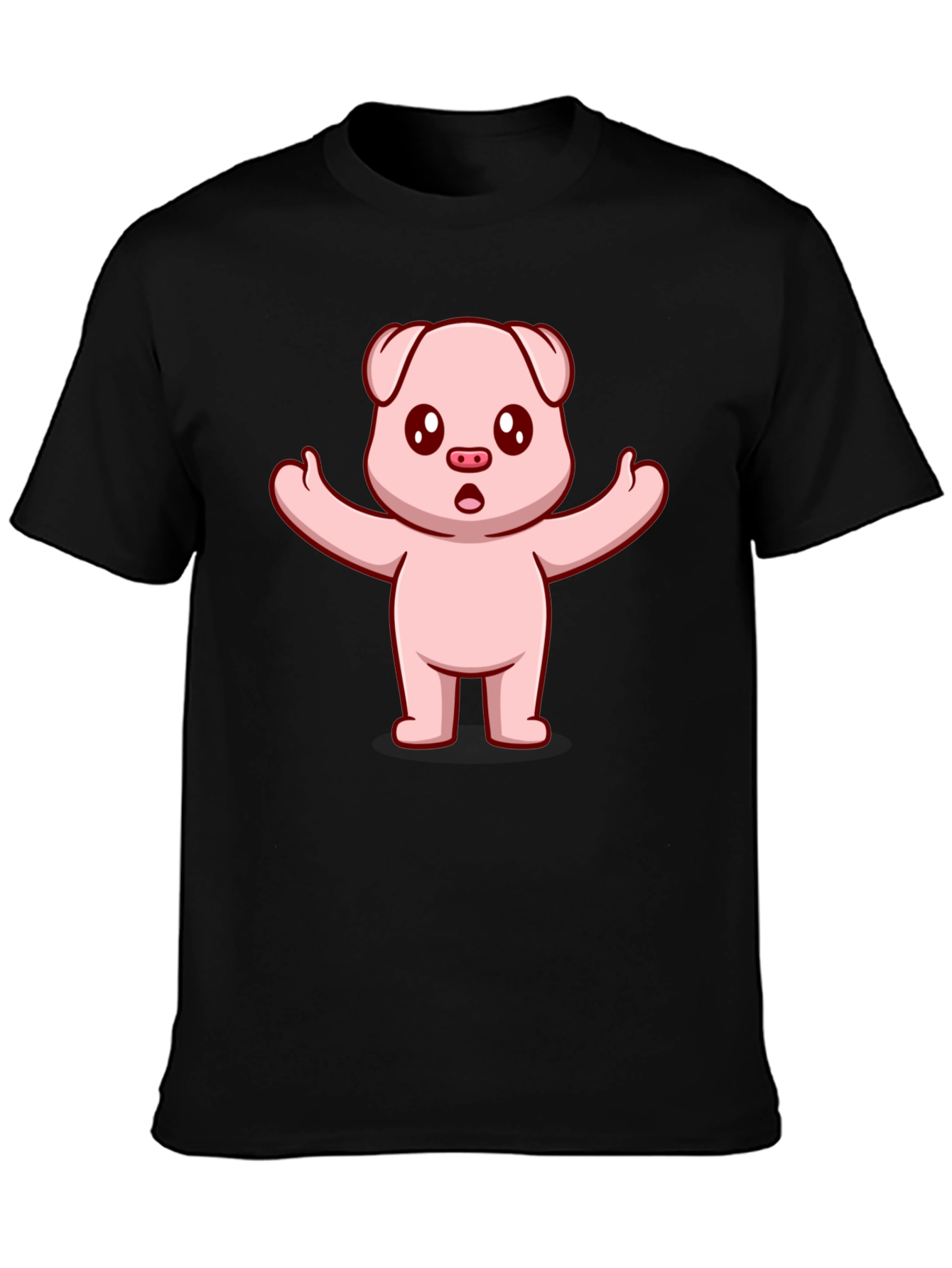 Black Cute Pig Cartoon Black T-Shirt view 3