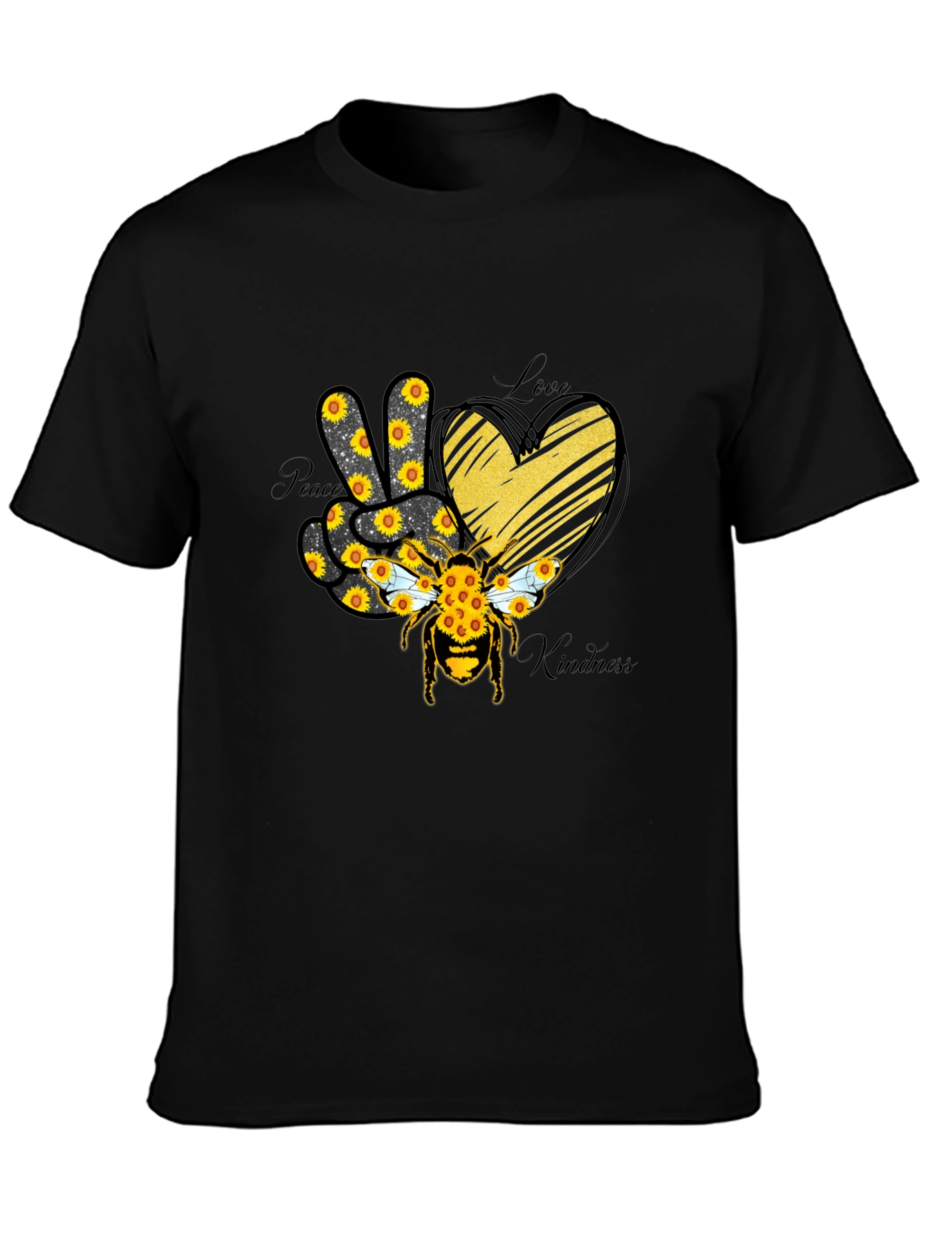 Black Peace Love Kindness Sunflower Bee T-Shirt view 3