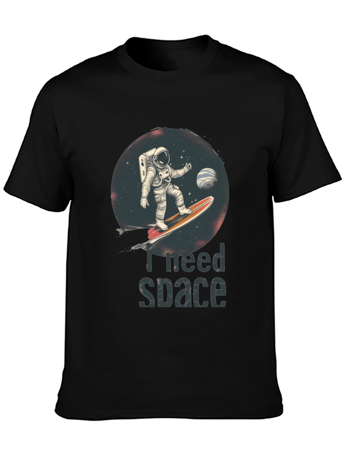 Black I Need Space T-Shirt - Astronaut Surfing Design view 3