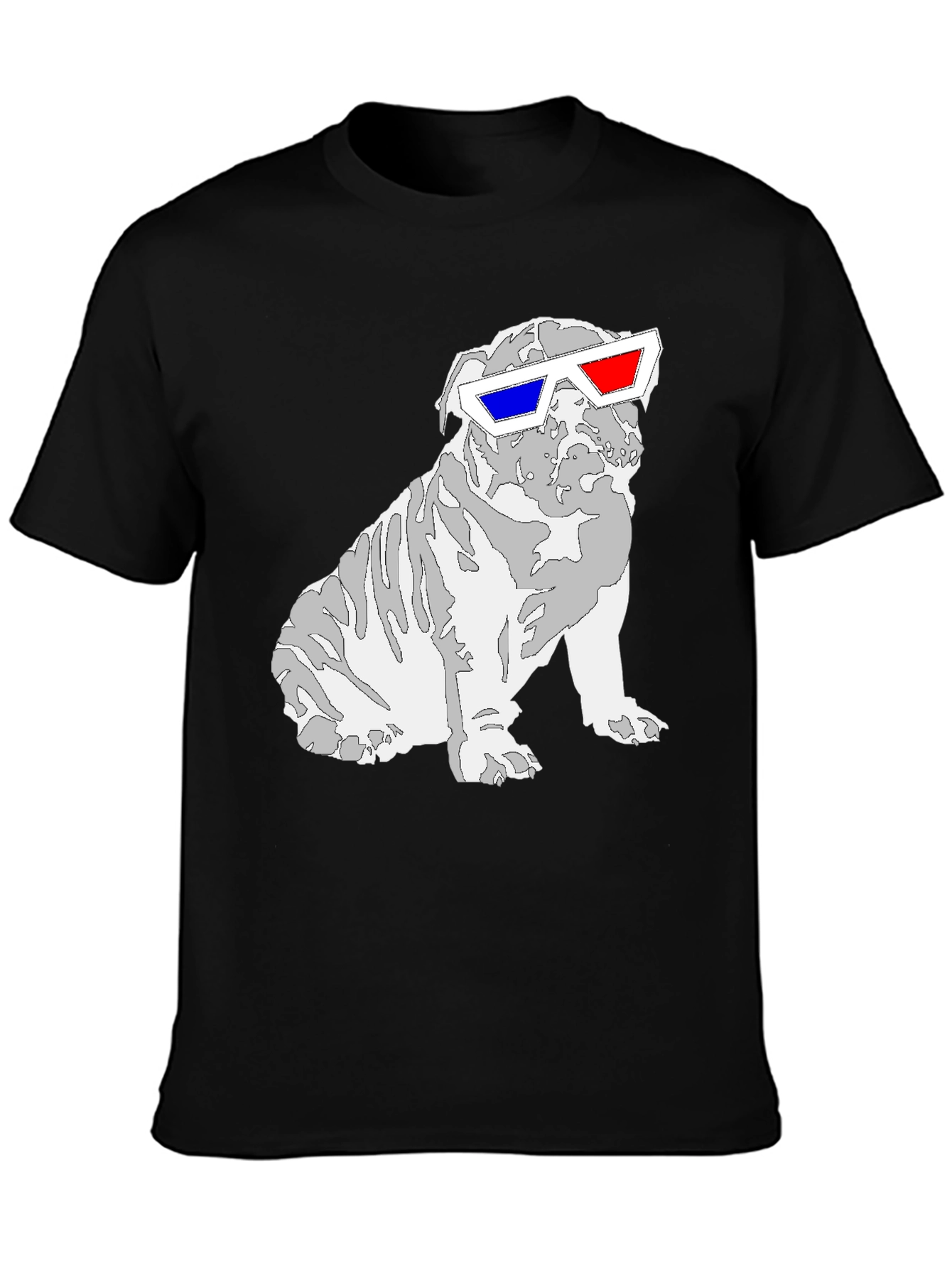 Black Cool Bulldog 3D Glasses Graphic T-Shirt view 3