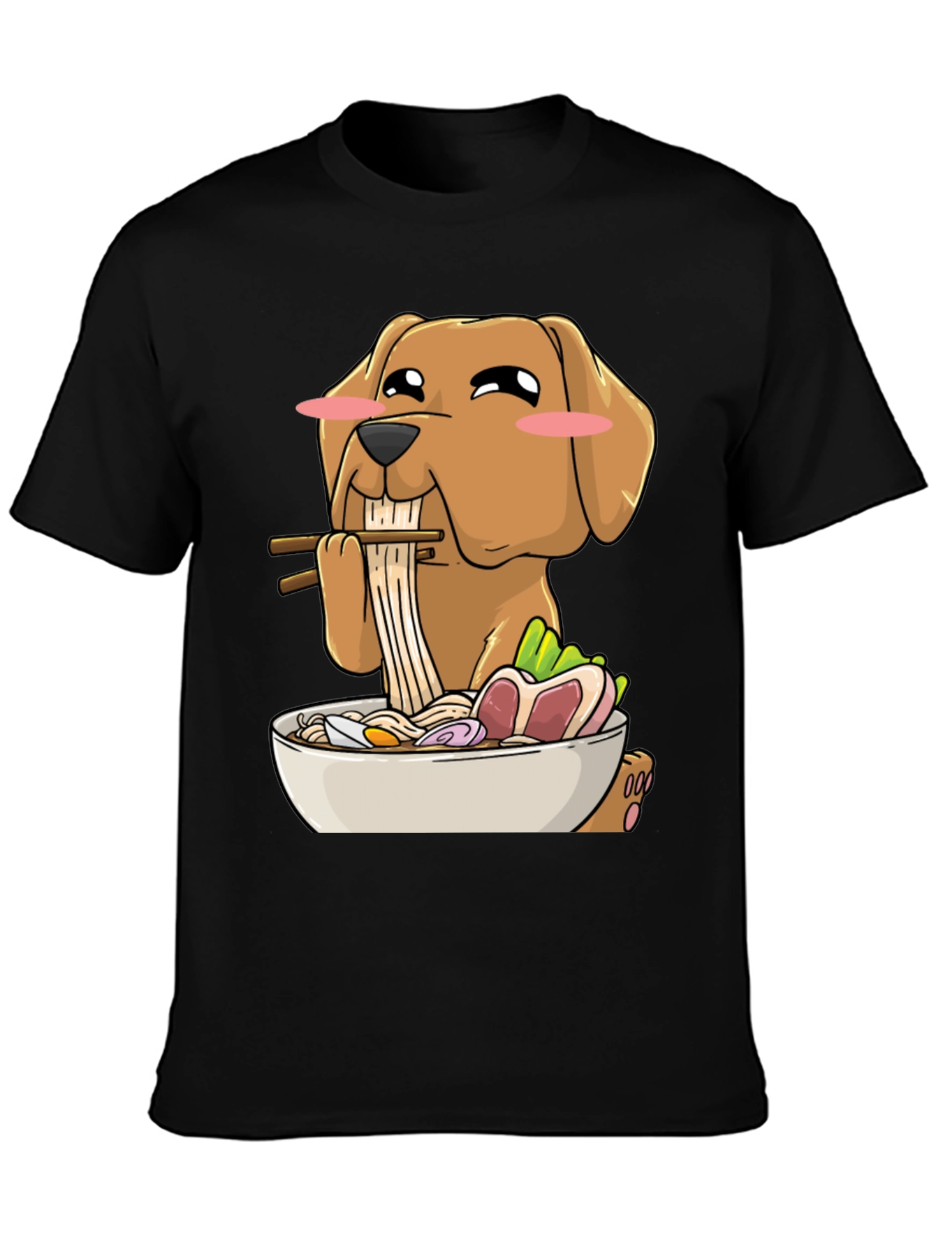 Black Dog Eating Ramen Funny T-Shirt view 3