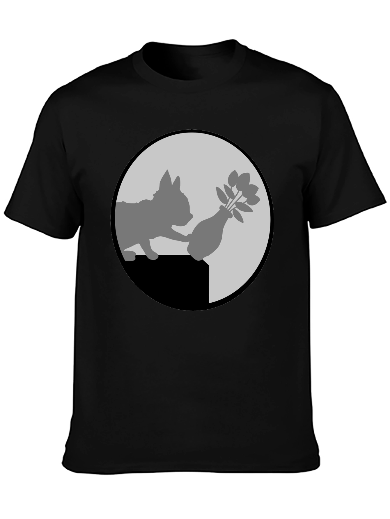 Black Cat & Vase Graphic Tee - Quirky Black T-Shirt view 3